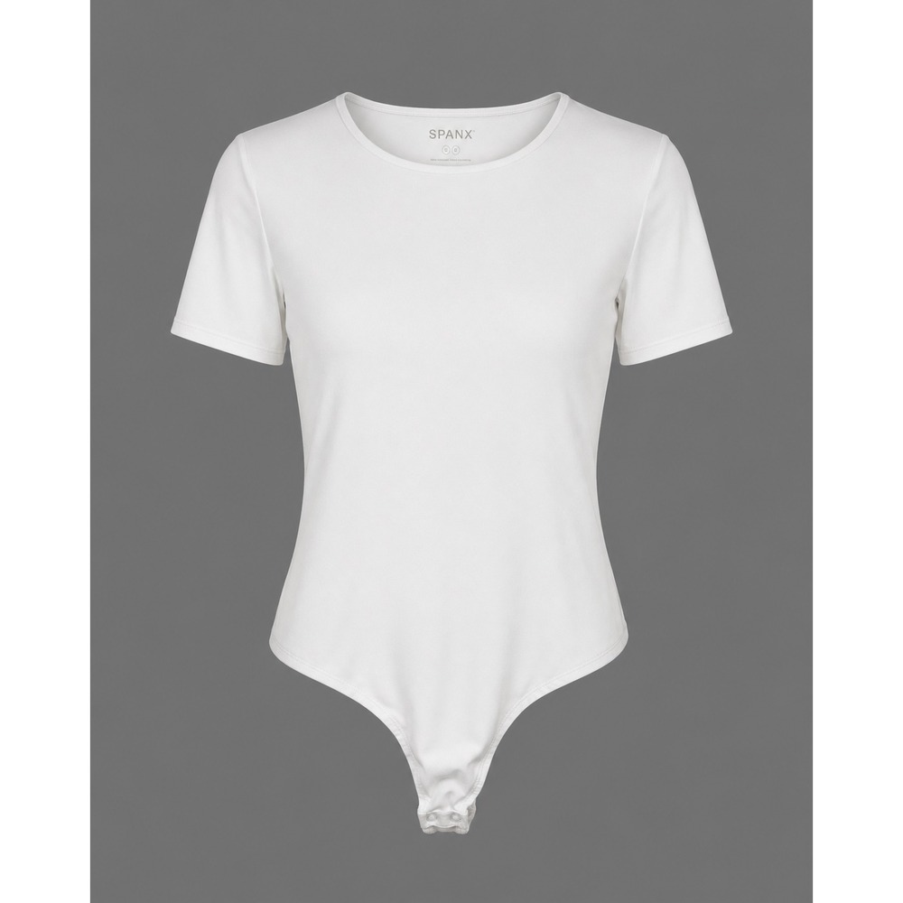 Spanx Short Sleeve Crew Neck Bodysuit White Plus Size 2X Stretch Shapewear Snaps